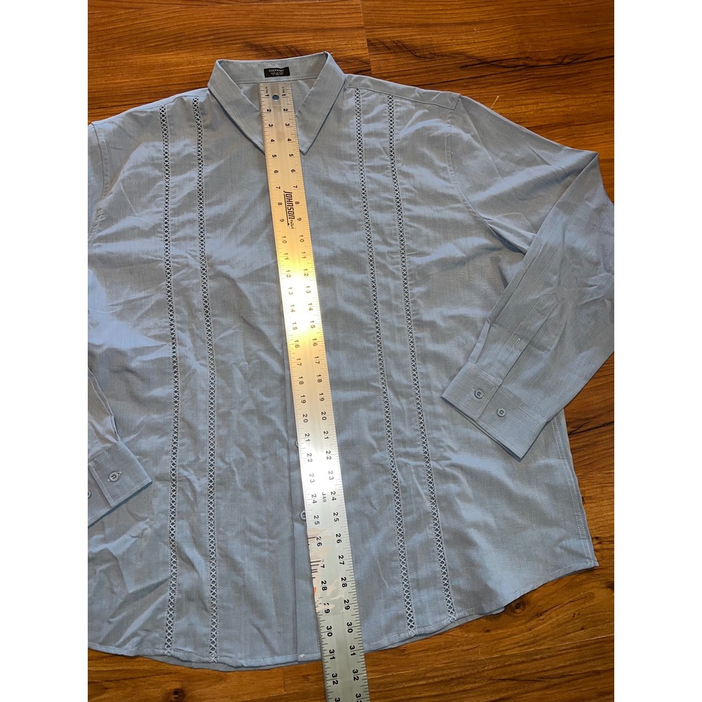 COOFANDY Mens 3XL Light Blue Guayabera Style Long Sleeve Lace Panel Button Shirt - Picture 9 of 10